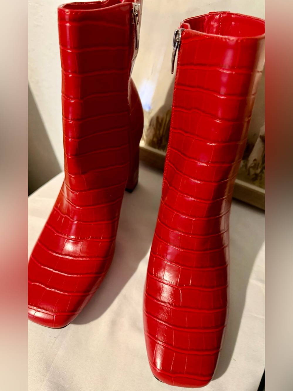 Nine West Red Croc-Embossed Square Toe Heeled Ankle Boots NWOT
